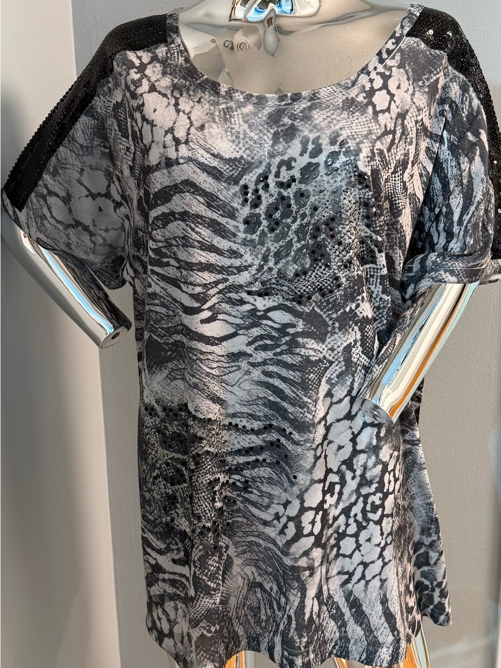 B.L.E.U. Women’s Black & Gray Animal-Print Blouse with Sequin Shoulders
